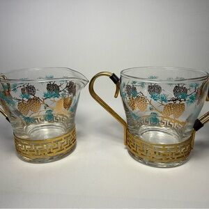 Libbey Gold Greek Key Glass Creamer and Sugar Set with Turquoise Pinecone Motif